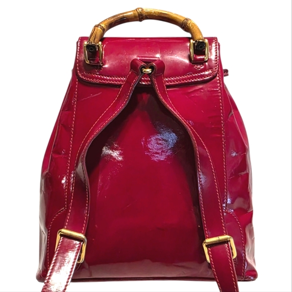 Gucci Bag Vintage Bamboo Handle Red Patent Leather Mini Rucksack Backpack Purse - Picture 2 of 16